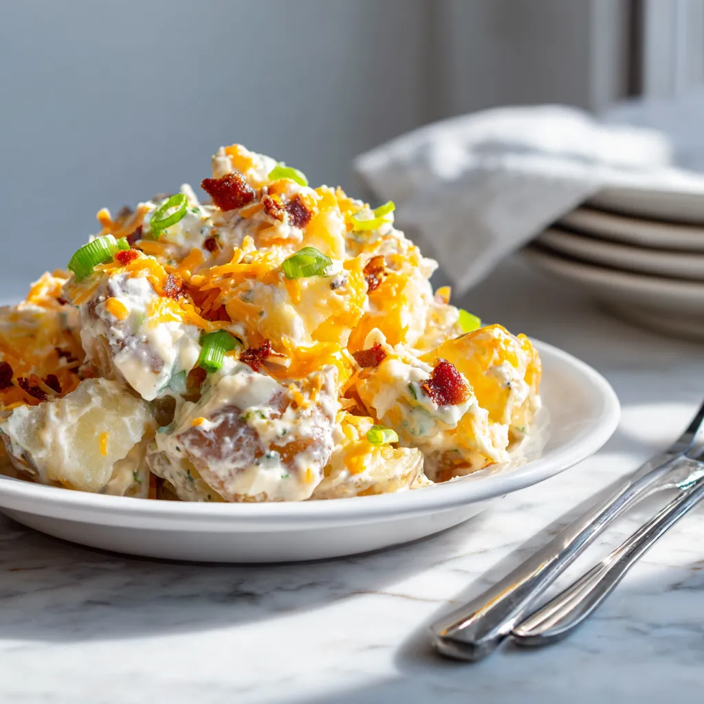 Ultimate Loaded Baked Potato Salad with Crispy Bacon, Sharp Cheddar Cheese, and Creamy Sour Cream Dressing - secondary view